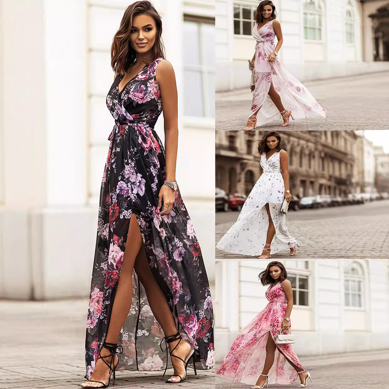 2026 Summer New Chiffon Printed Tie Dress Womens Fashion