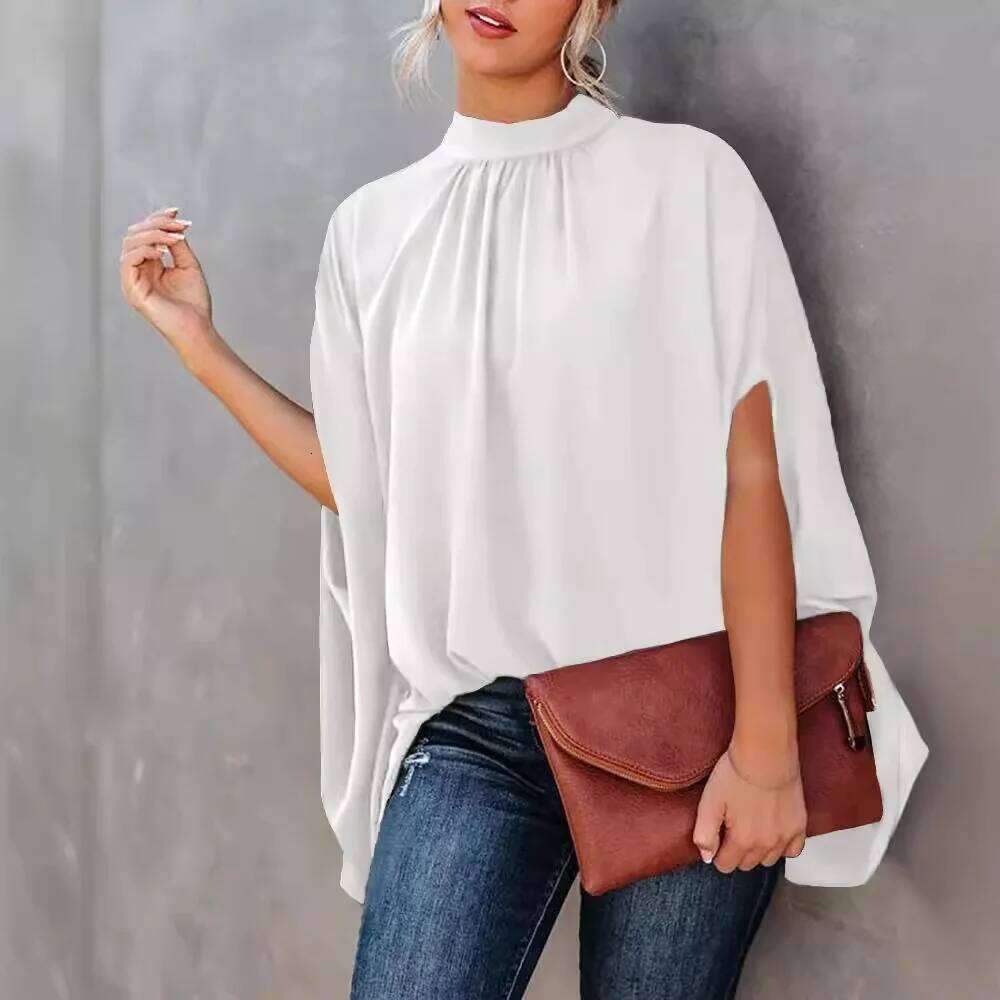 Women's Cape Sleeve Oversize Blouse Tie Closure High Neckline Caftan Body Loose Tops