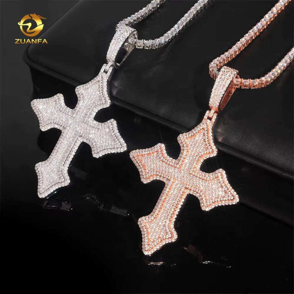Custom Made Iced Out Charm 925 Silver Diamond Cross Men Hip Hop Rose Gold Moissanite Pendant