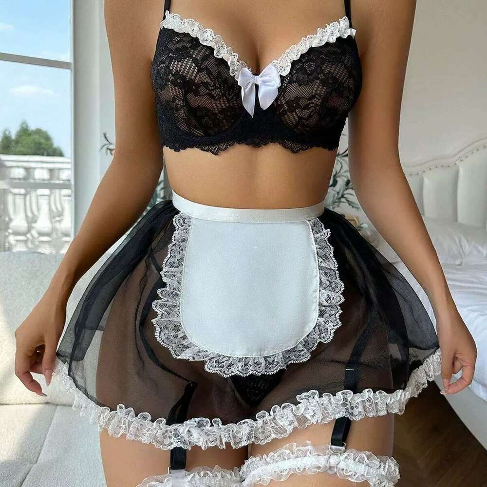 Sexy Maid Costume Set with Lace Bra & Tulle Skirt - Women's Black and White French Maid Outfit for Role Play, Party, Halloween & Romantic Gift