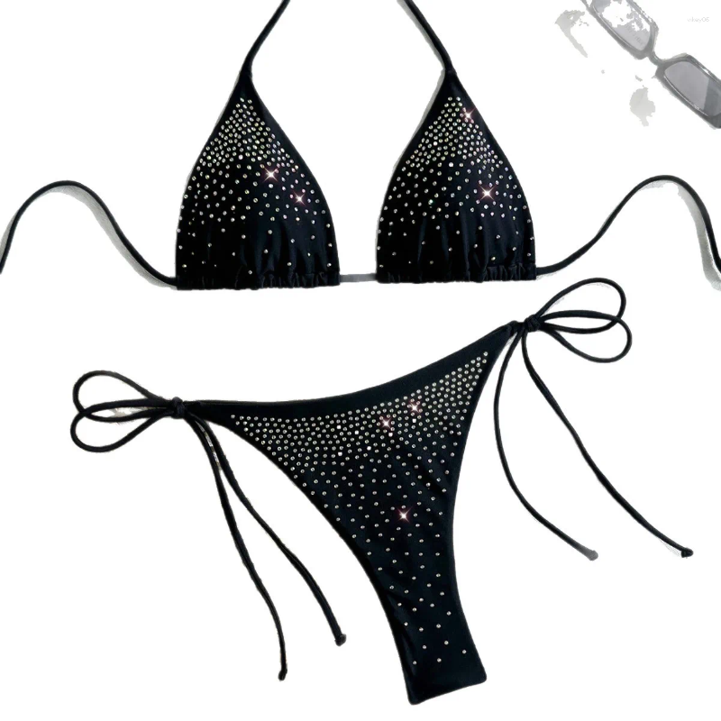 Women's Swimwear 2026 Fashion Sexy Bikini Set Rhinestone Embroidery Knot Design Two-Piece Swimsuit Pure Color Running Dance Swimming
