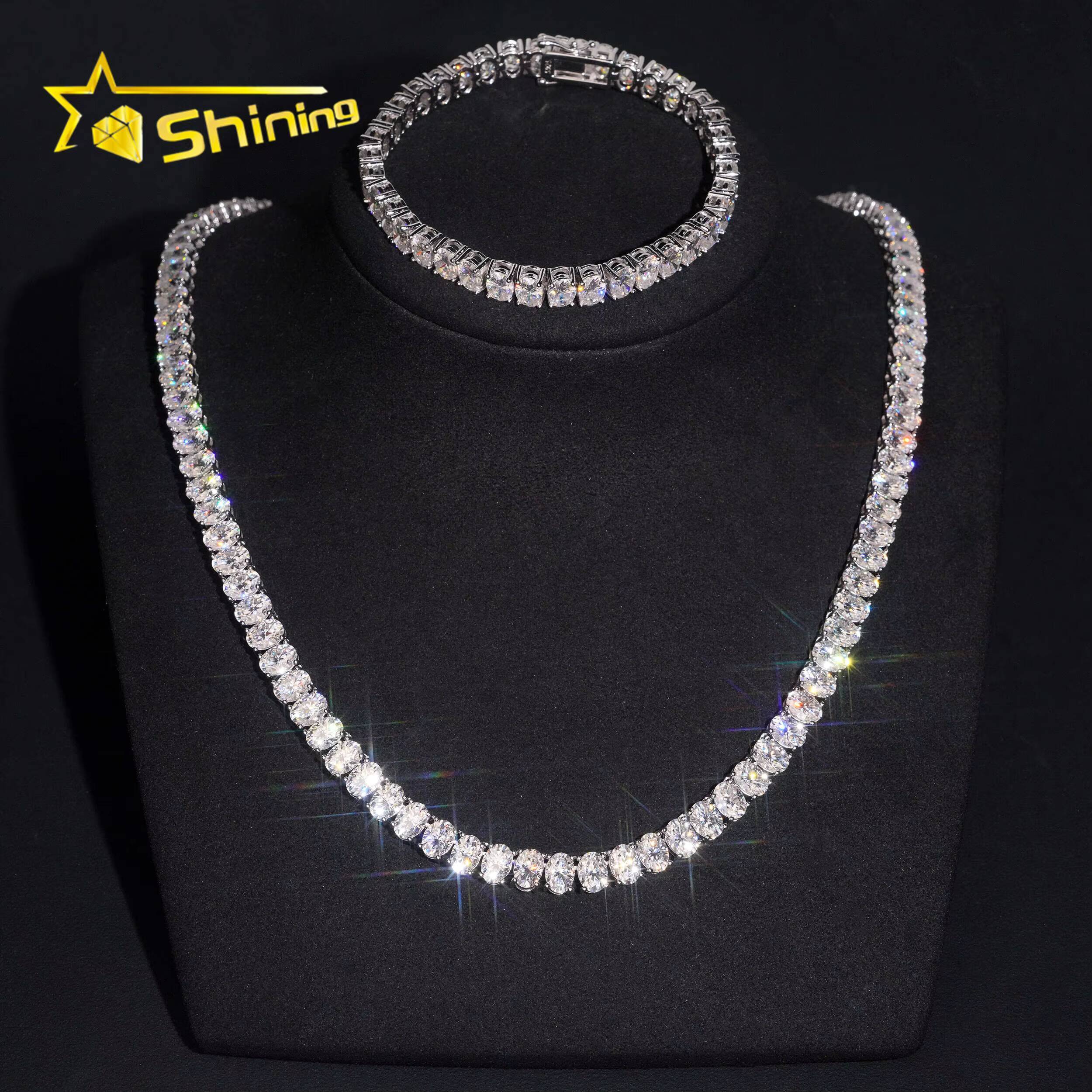 New Stocks Factory Wholesale Price Solid S925 Rhodium Plated Hip Hop Necklace Oval 57mm Moissanite Diamond Tennis Chain