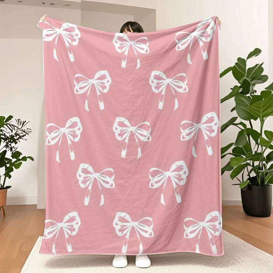 Cozy Flannel Blanket Soft Plush Pink Bowknot Design Decorative Throw For Home Bedroom Sofa Living Room Couch Outdoor Use Warm Comfy Accent