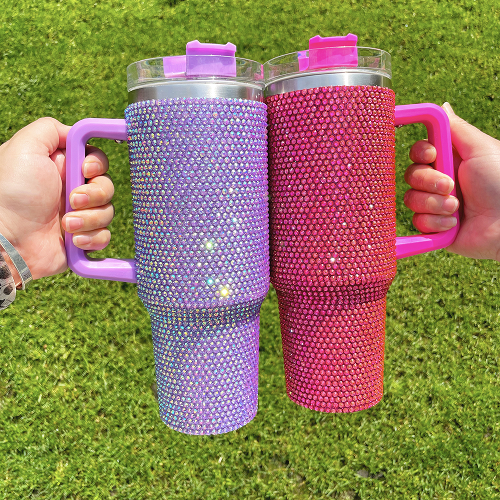 16PACK US RTS wholesale Super Sparkly Multicolour rhinestone bling studded 40oz bling tumbler diamond Bedazzled Stainless Steel mug with handle lid an - view 7