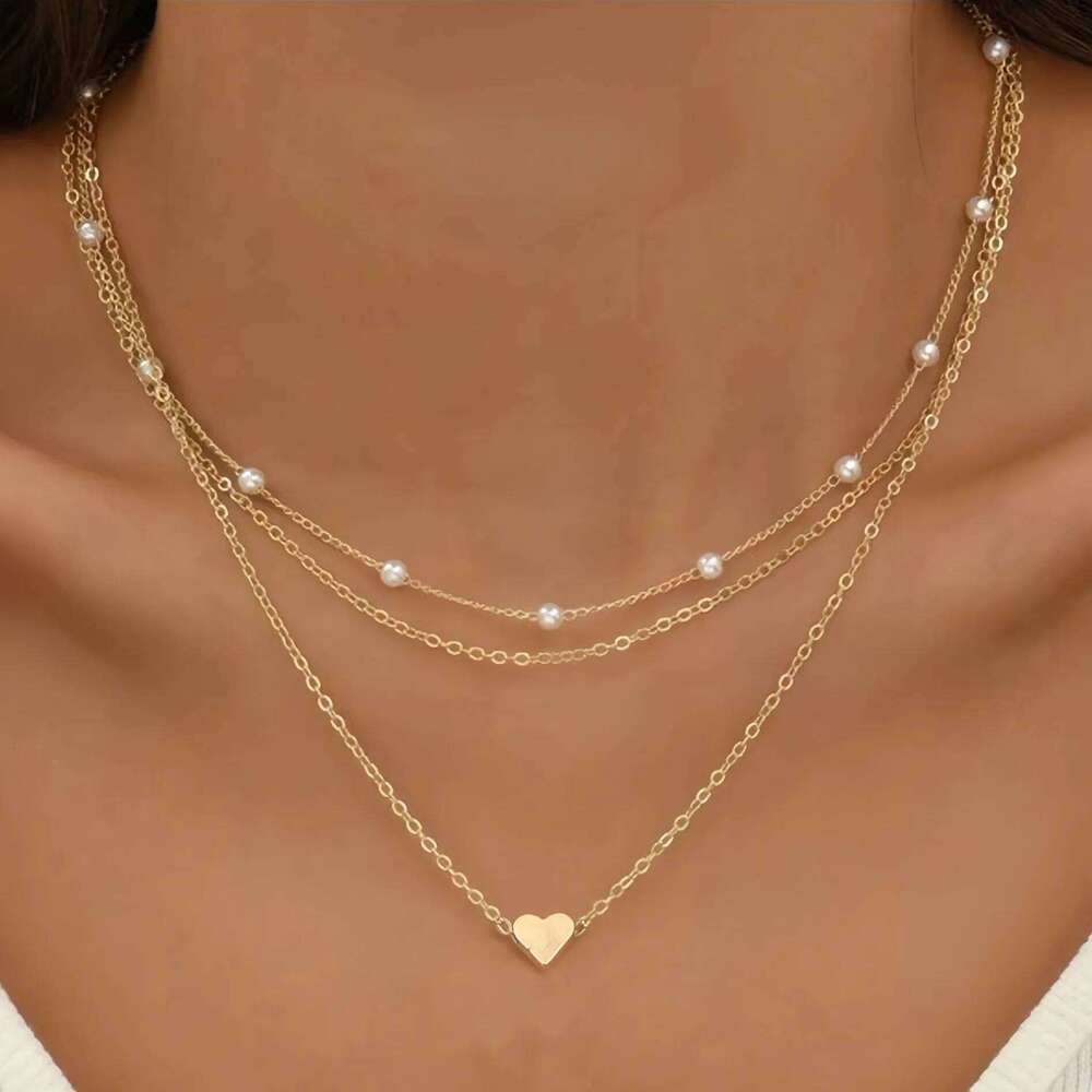 Fine Jewellery Necklace Jewellery Simulated Pearl Choker Double Layer Chain with Small Love Heart Pendant for 1 Daily Wear and Special Occasion Gift H