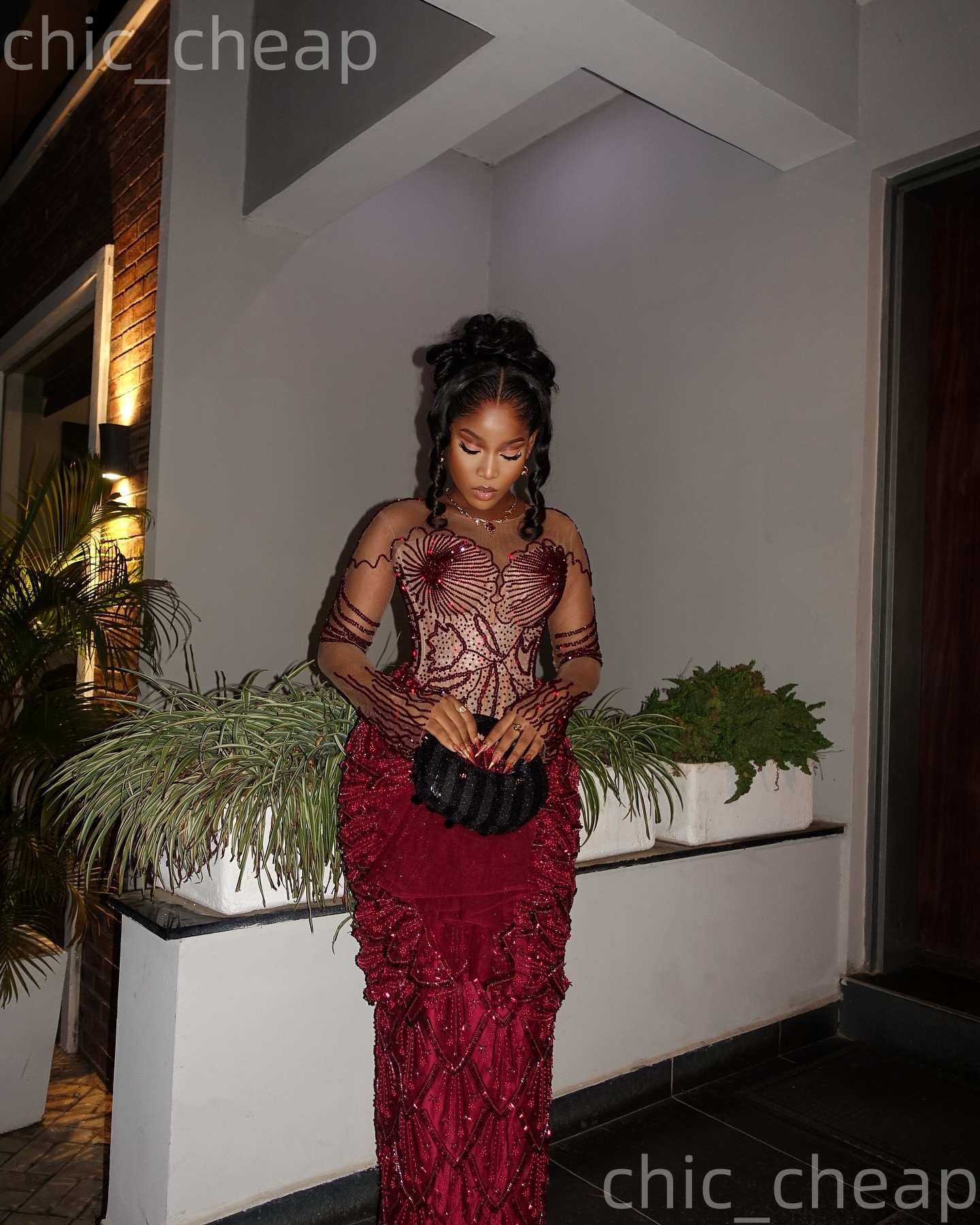 Aso Ebi Nigerian Burgundy Sheath Prom Dresses 2026 Illusion Beaded Sheer Neck Evening Formal Party Second Birthday Engagement Gowns Dress For Special 