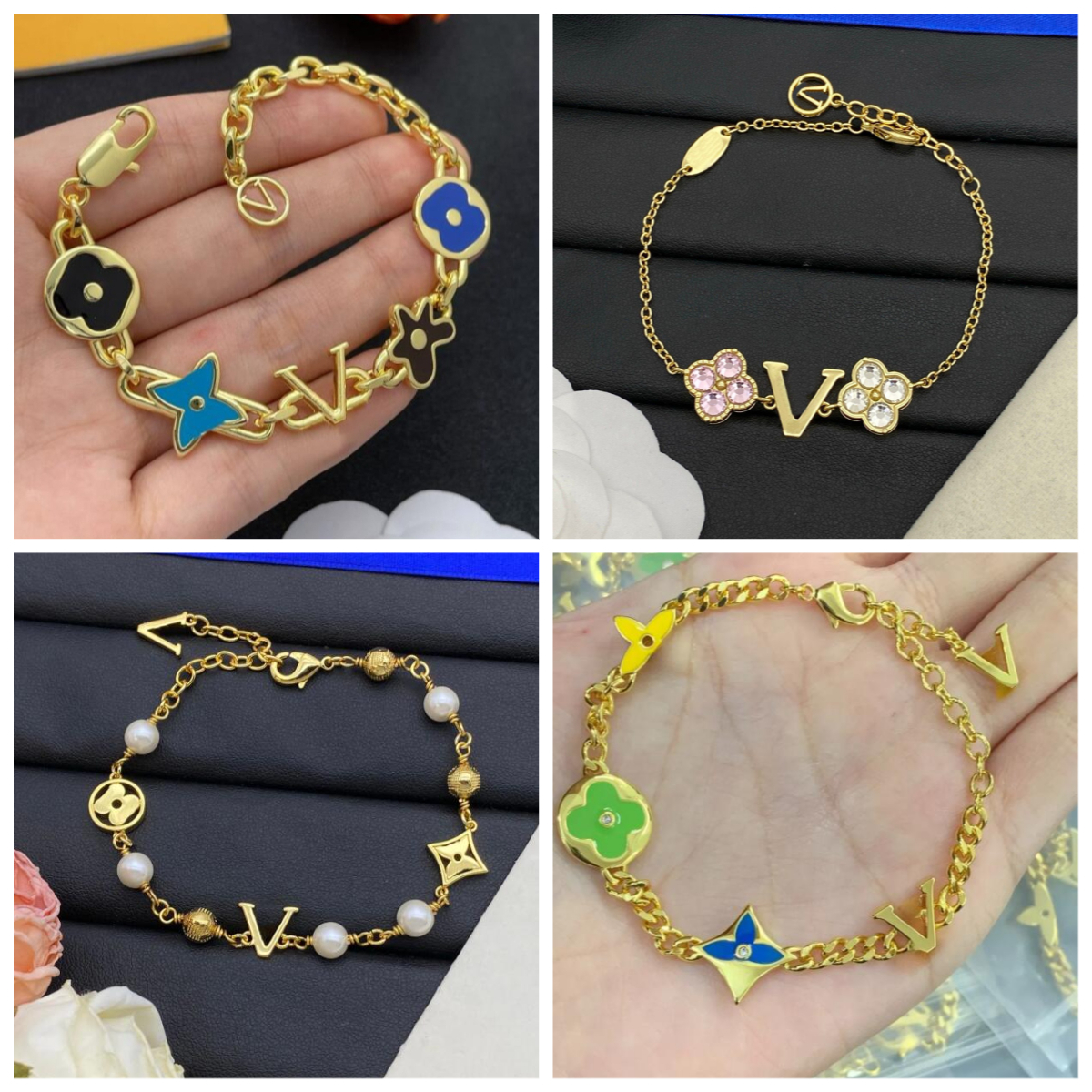 Luxury Fashion Pearl Designer Diamond Gold Plated Letters for Women Wedding Bracelets Chains Bangle Jewelry Gift