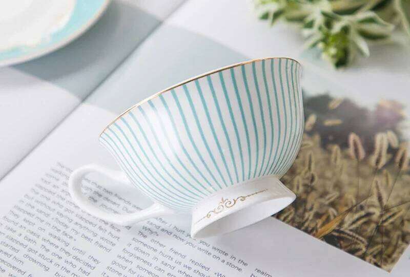 Blue striped English bone china mug with spoon dish, European coffee cup and saucer set,Advanced Porcelain Mug For tea