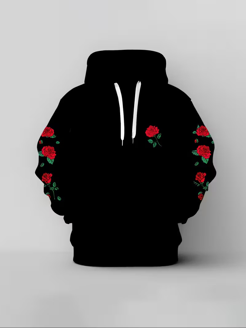 Men's Black Red Rose Print Hoodie - Floral Pattern Casual Pullover Hooded Sweatshirt