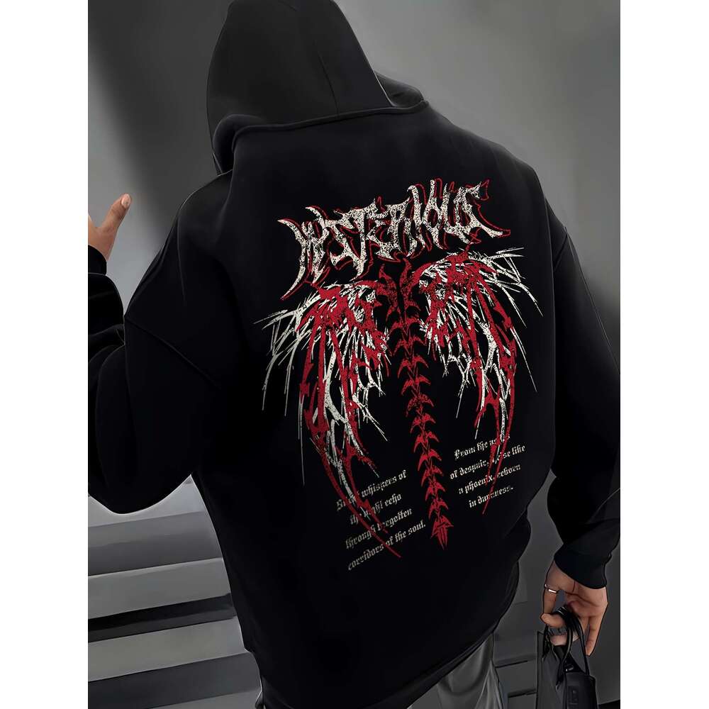 Men's Stylish Hooded Sweatshirt With Fleece, Featuring Skeleton Letters Print On Both The Front Back, Suitable Couples, Long-Sleeved Jacket, Thic