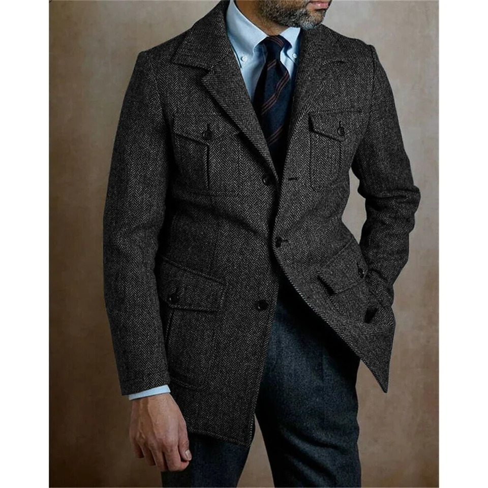 Mens Herringbone Jacket Single Breasted Casual Business Steampunk Stage Suit Jackets Suite for Man in Suits and Blazers 260113 - view 7