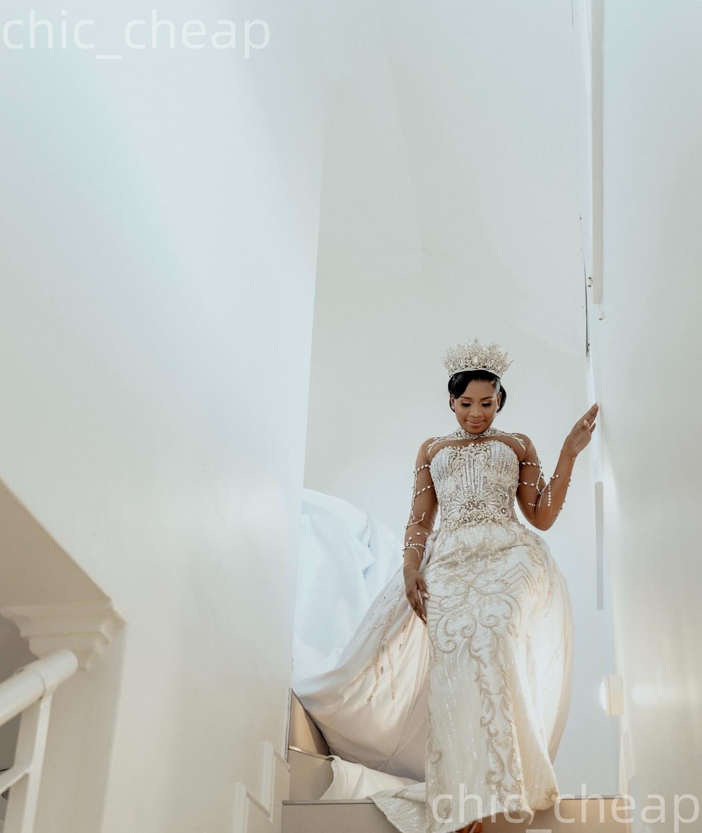 African Aso Ebi 2026 Ivory Mermaid Wedding Dress Pearls Crystals Embroidery Lace Detachable Train Vintage Bridal Gowns Dresses ZJ233