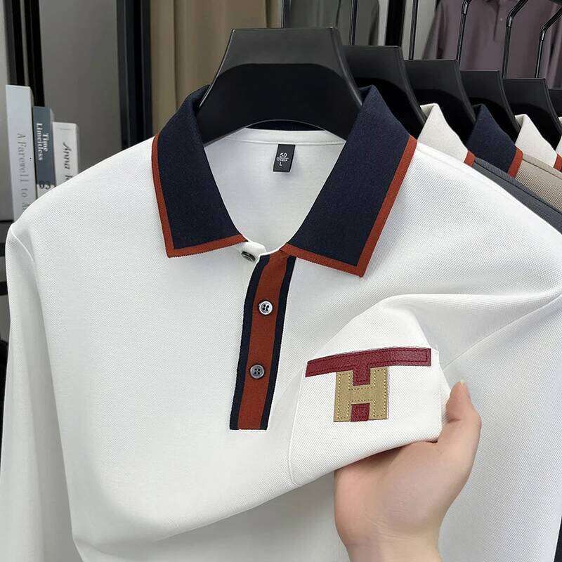 Light Luxury Fashion 100 Pure Cotton Polo Shirt Mens Long Sleeved Autumn New Item Middle-Aged Dad Collar Base T-Shirt2