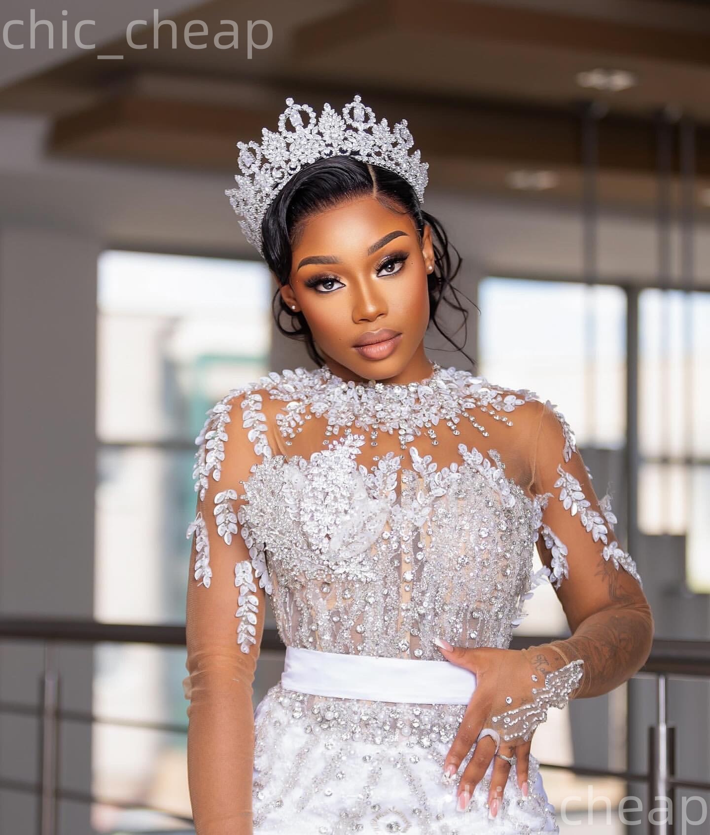 African Aso Ebi 2026 Ivory Mermaid Wedding Dress Beaded Crystals Lace Sheer Neck Luxurious Detachable Train Vintage Bridal Gowns Dresses ZJ233