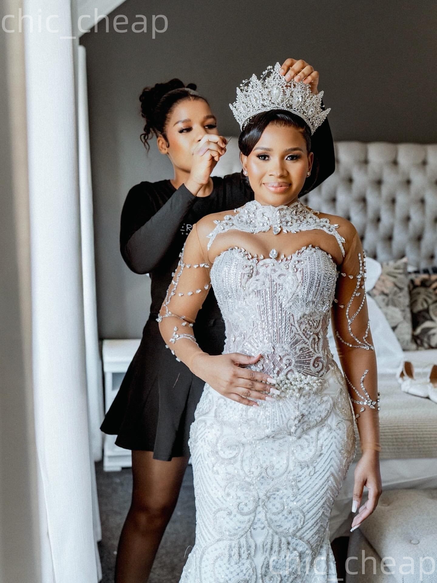 African Aso Ebi 2026 Ivory Mermaid Wedding Dress Pearls Crystals Embroidery Lace Detachable Train Vintage Bridal Gowns Dresses ZJ233