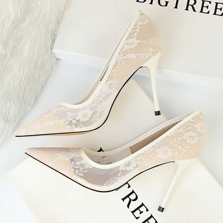 luxury bag Sexy Slimming Heels Women's Thin High Heel Shallow Mouth Pointed Toe Mesh Hollow Lace Single Shoes