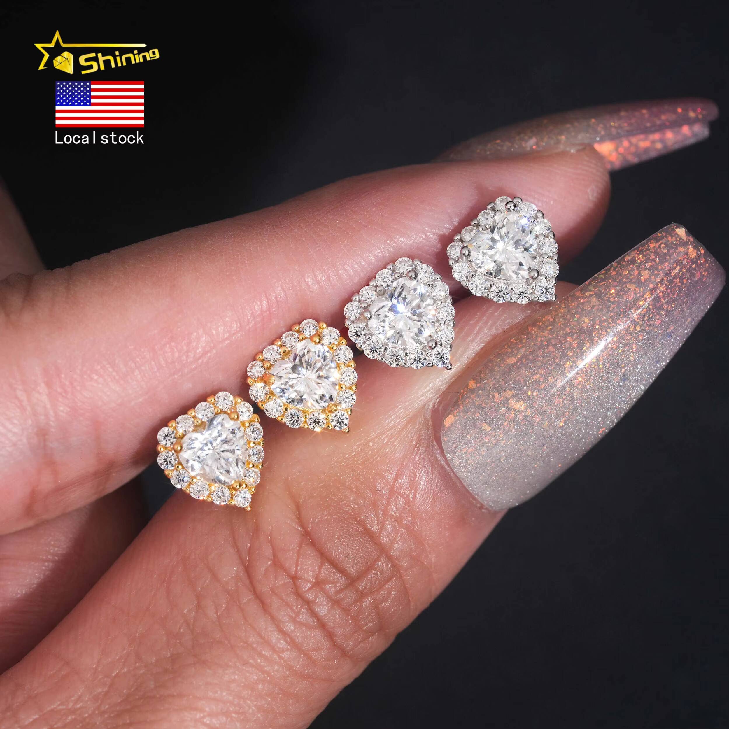 US Warehouse Fast Shipping Hip Hop Jewelry 925 Sterling Silver VVS Diamond Heart Cut Iced Out Moissanite Stud Earrings