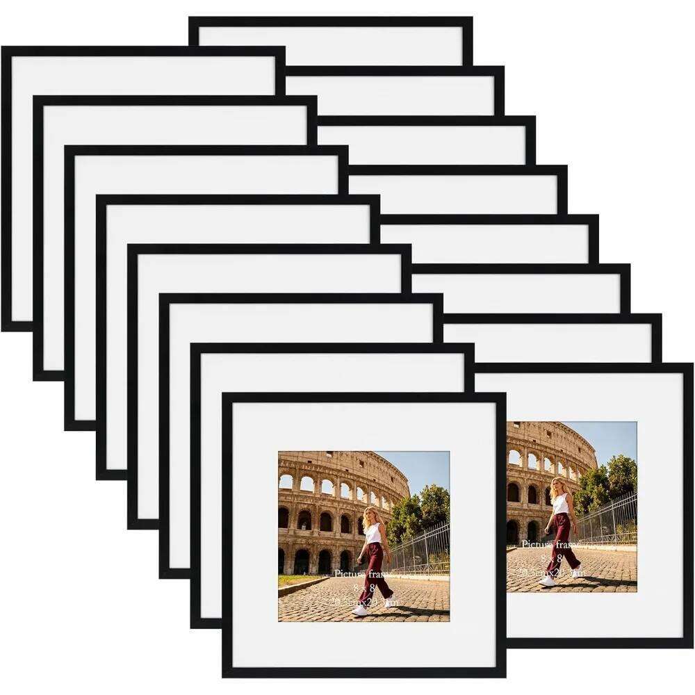 Valentine's Day Set of 16 Black 12x12 Inch Picture Frames, Matted 8x8 Photos, Lightweight Square Frames for Wall Display 26H0114