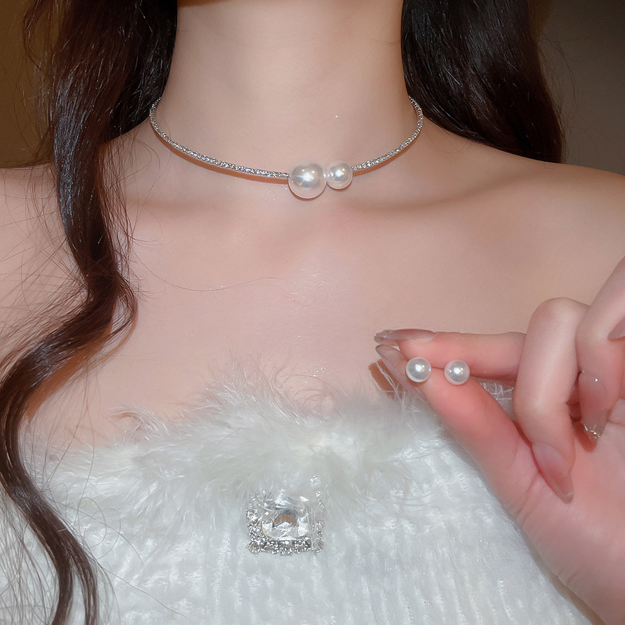 Trendy Single Row Silver Plated Choker Bracelet Set Pearl Round Korean Style Fresh Hanging Neck Chain U-Shaped - view 5
