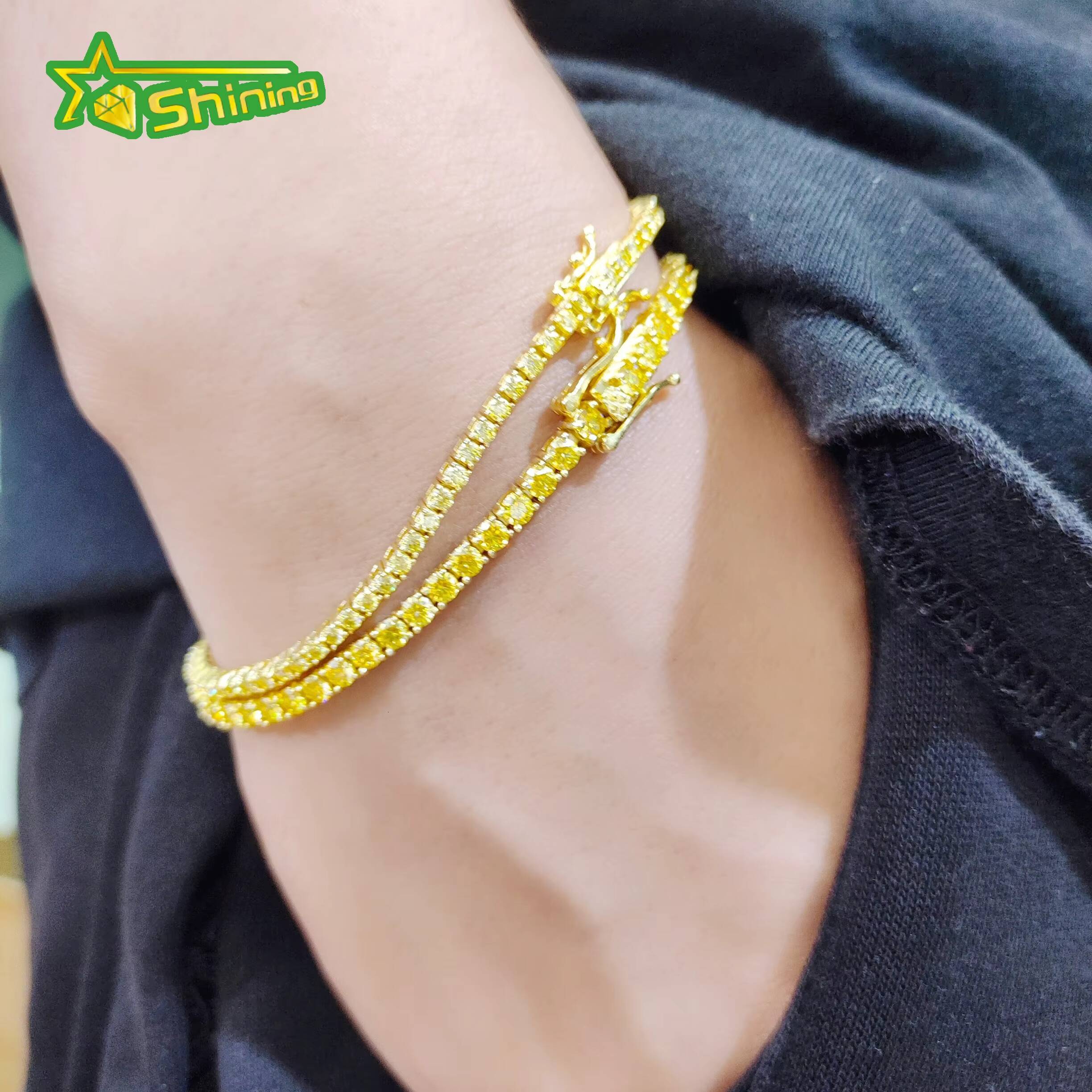 Gold Plated Iced Out Vvs Diamond Tennis Chain 2mm 3mm Yellow Moissanite Tennis Bracelet Necklace for Men and Women
