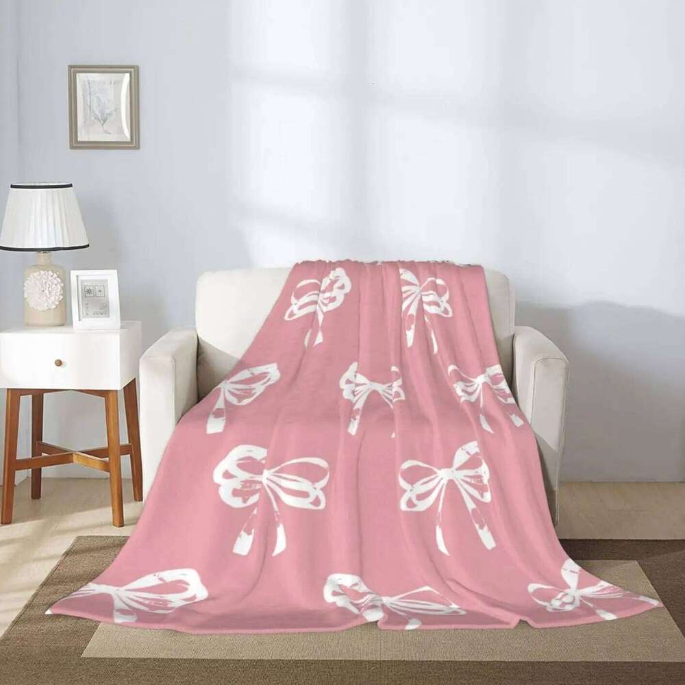 Cozy Flannel Blanket Soft Plush Pink Bowknot Design Decorative Throw For Home Bedroom Sofa Living Room Couch Outdoor Use Warm Comfy Accent