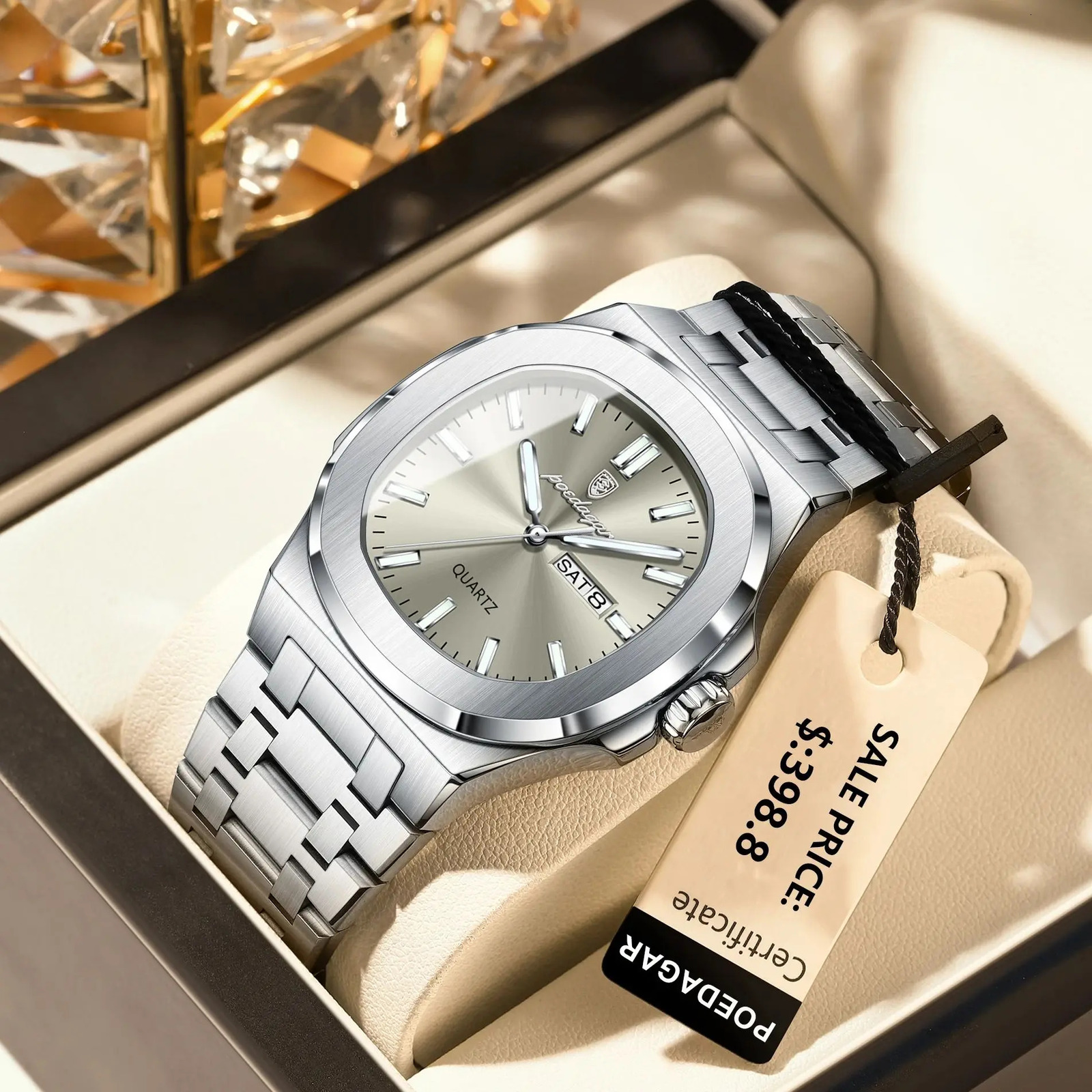 POEDAGAR Military Man Watch Square Waterproof Luminous Date Week Men Watch Stainless Steel Quartz Mens Watches Relojbox 260114