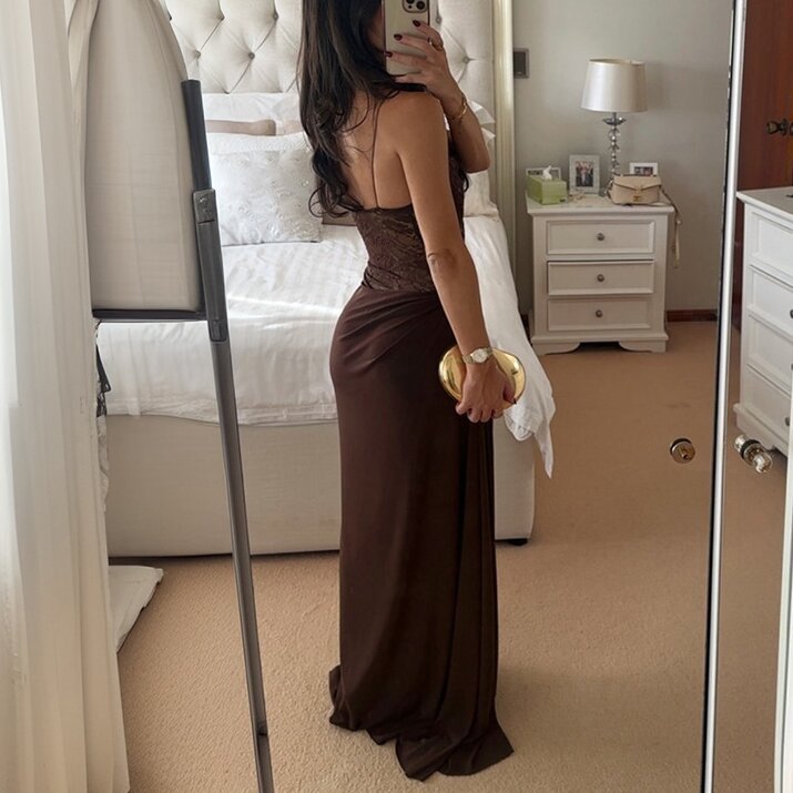 New casual dress summer solid color hollow slim fit formal occasion dress fashionable backless long women 2025 lace patchwork dress