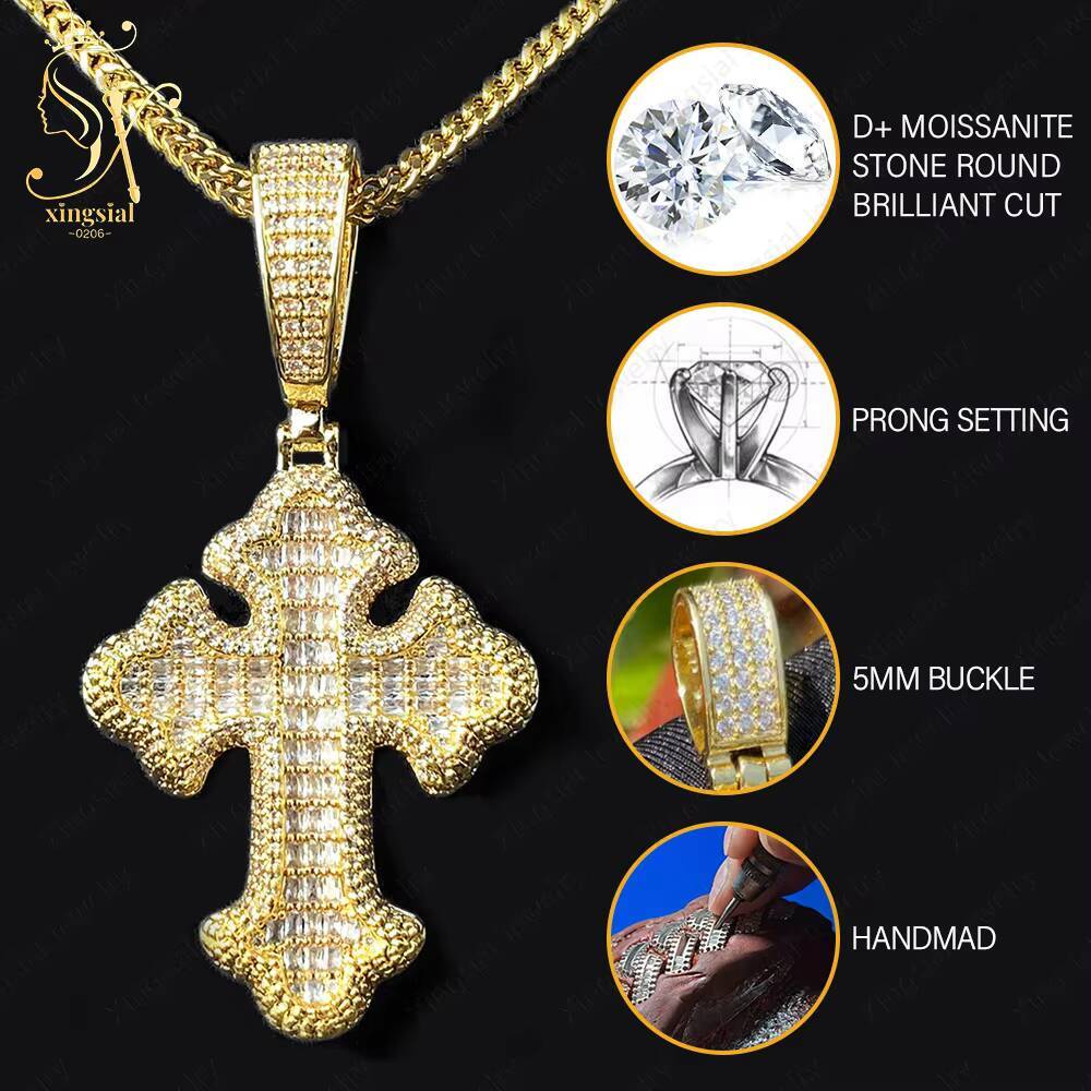 Xingsial Custom Hip Hop Women Men Jewelry Cross Vvs Pure Silver 925 Iced Out Moissanite Cross Pendant Without Chain