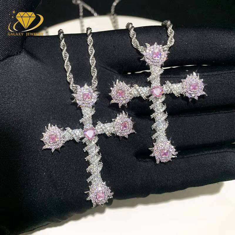 High Quality Vvs Pink Heart Moissanite Cross Pendant Hip Hop Style Moissanite 925 Silver Fine Jewelry for Women Gift
