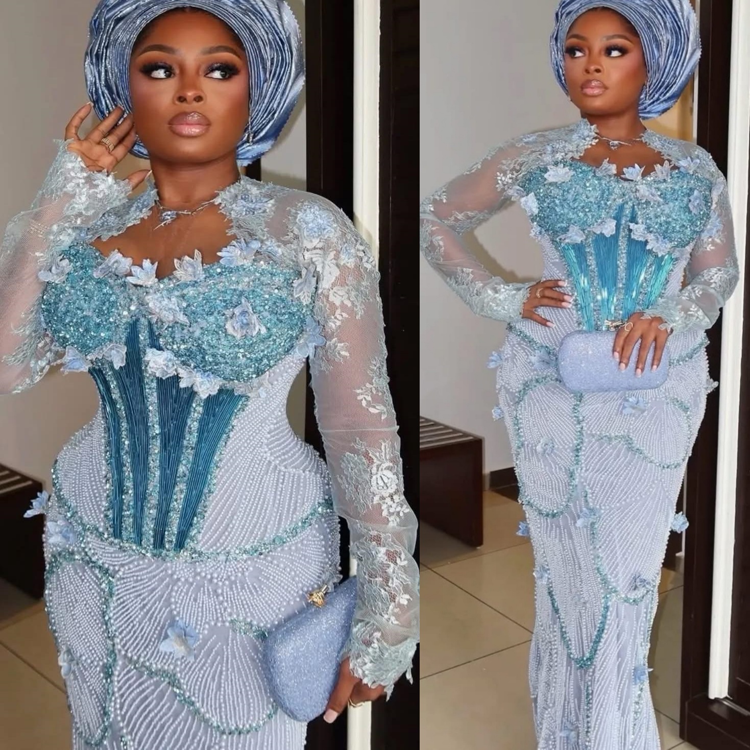 Aso Ebi Nigerian Light Sky Blue Sheath Prom Dresses 2026 Flowers Beaded Sequined Evening Formal Party Second Birthday Engagement Gowns Dress For Speci
