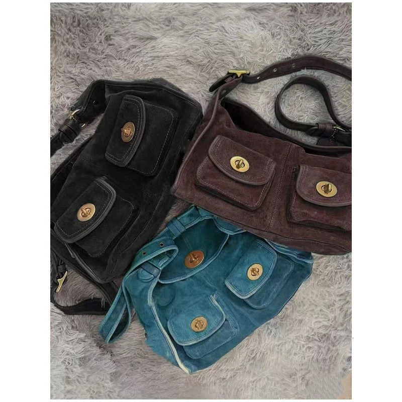 Retro Suede Shoulder Bag Multiple Pockets Wide Shoulder Strap Underarm Bag Metal Lock Closure Handbags Motorcycle Crossbody Bags 260104 - view 7