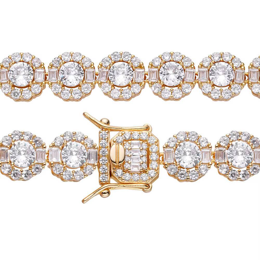 95mm Button Rock Sugar Micro Inset Cubic Zircon Round Gold Plated 14K Iced Sugar 925 Silver Hip Hop Cuban Link Chain Bracelets