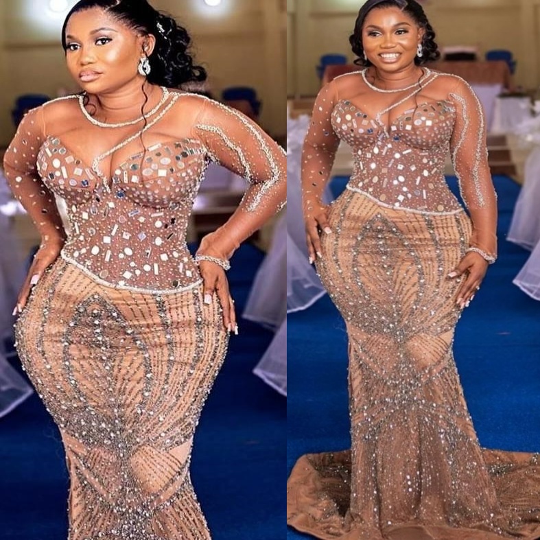 Aso Ebi Nigerian Champagne Mermaid Prom Dresses 2026 Beaded Crystals Illusion Evening Formal Party Second Birthday Engagement Gowns Dress For Special 