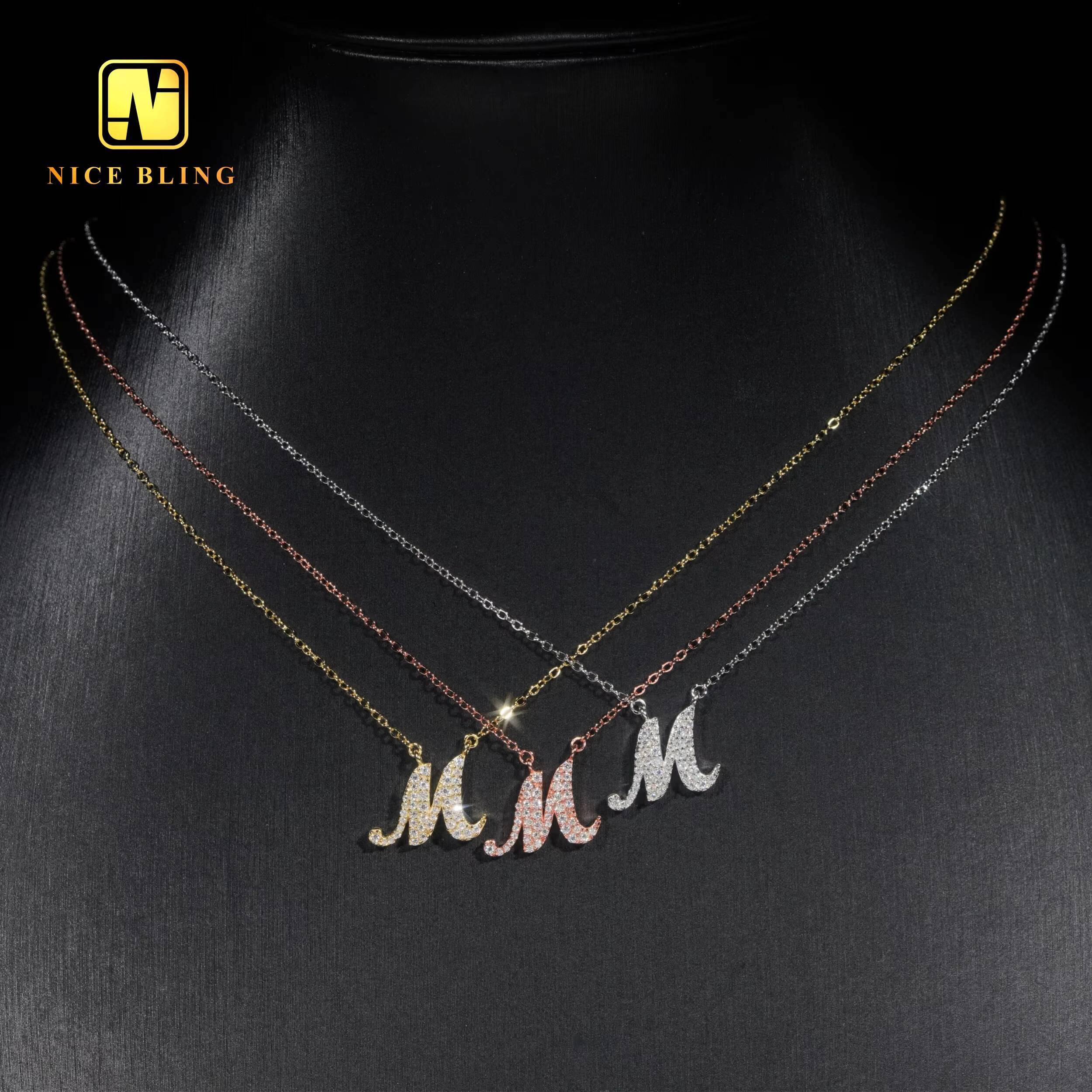 2024 Letter Necklace Wholesale Custom Sterling Silver Vvs Moissanite Letter M Necklace Fine Jewelry for Women