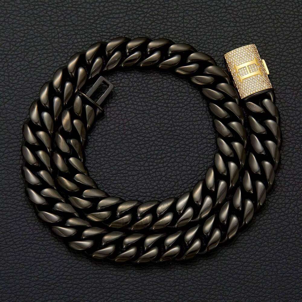 Men's New Black Cuban 26 English Letters Flip-Over Drill Buckle Stainless Steel Password Chain fashion Necklace