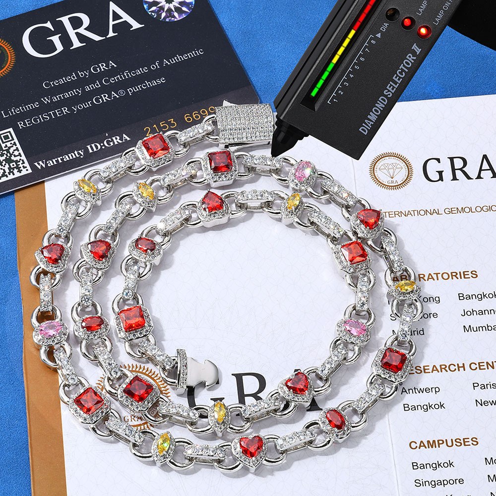 Moissanite S925 Silver Customizable Men Necklace Colorful Gemstones Chain