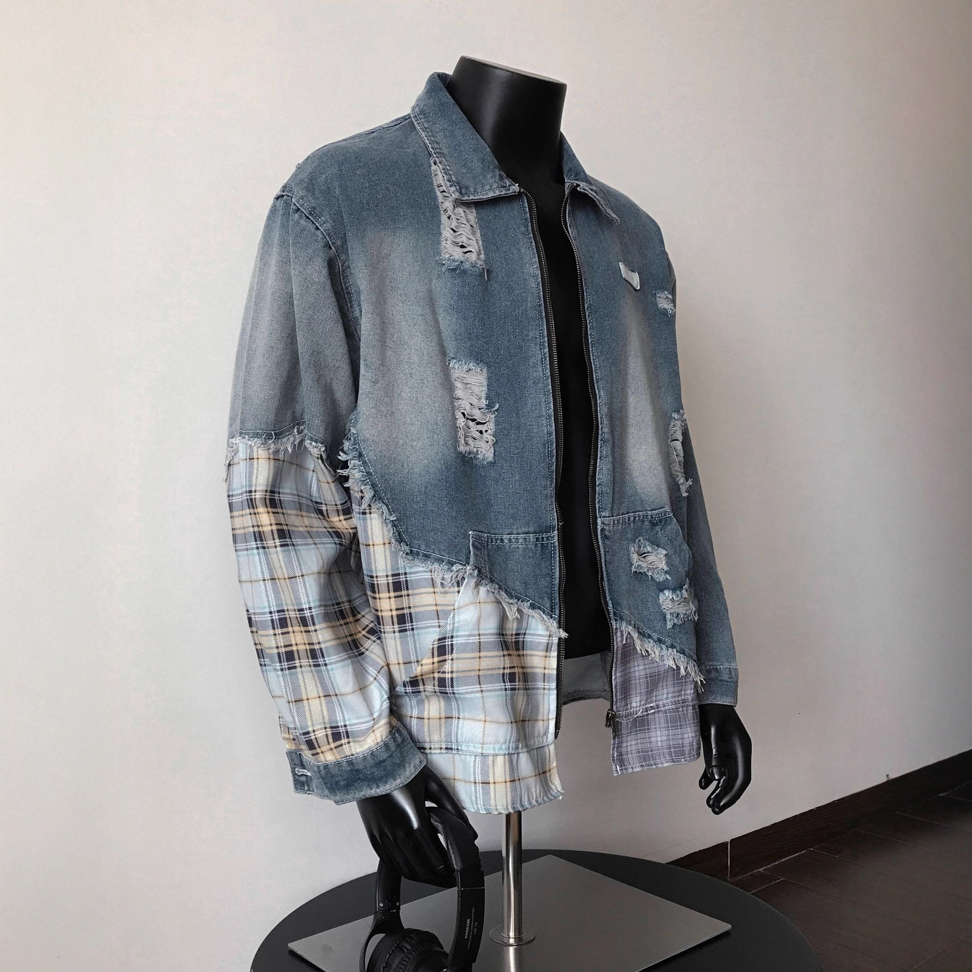Luxury Brand Designer Clothes American Style Trendy Irregular Plaid Patchwork Distressed Denim Jacket For Men Retro Ins Trend Couple Coat Top