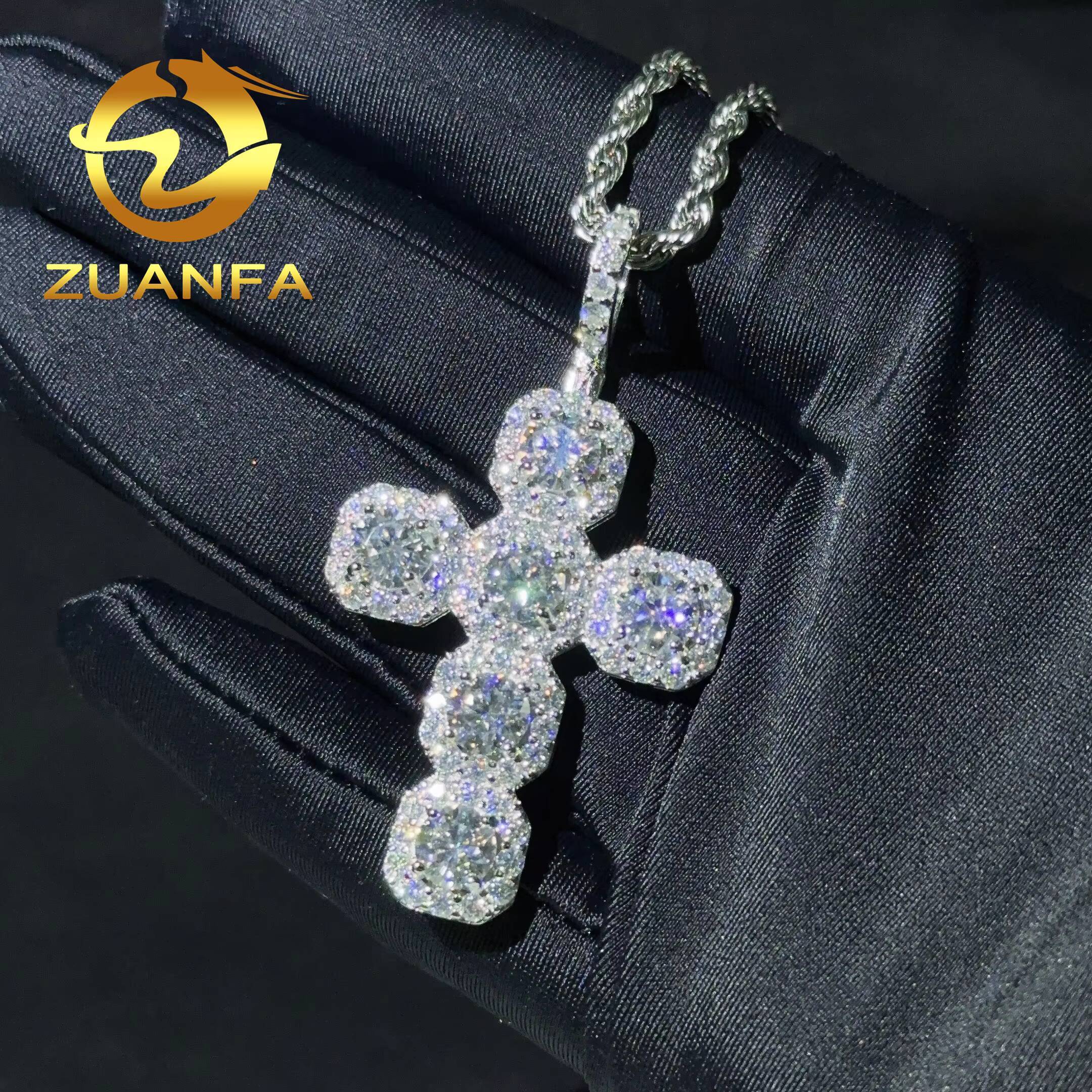 Ready to Ship D VVS Moissanite Hip Hop Iced Out Pendant 925 Silver Cross Pendant With Free Stainless Steel Rope Chain