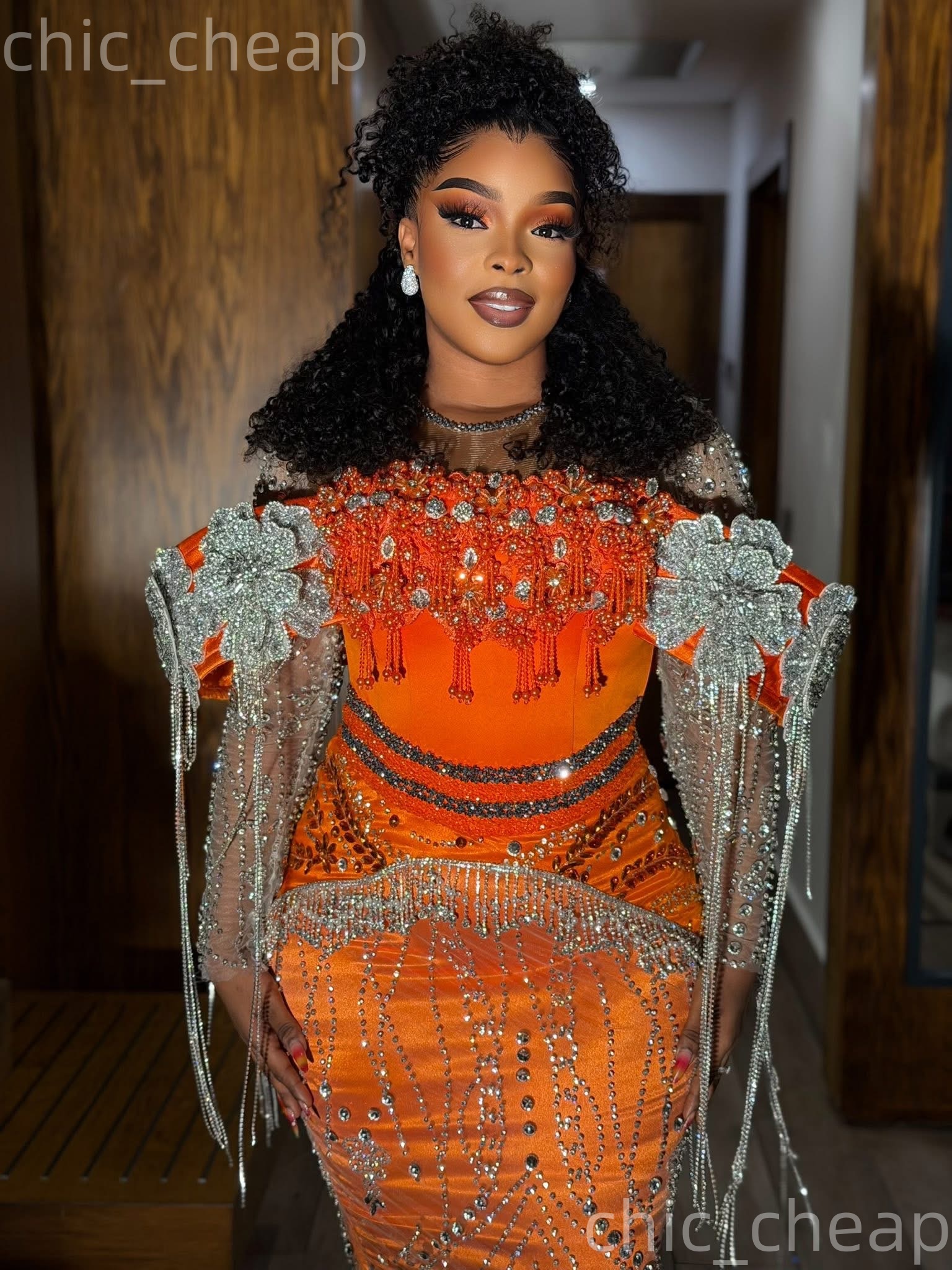 Aso Ebi Orange Mermaid Prom Dresses 2026 Flowers Crystals Tassels Sequined Evening Formal Party Second Birthday Engagement Gowns Dress For Special Occ