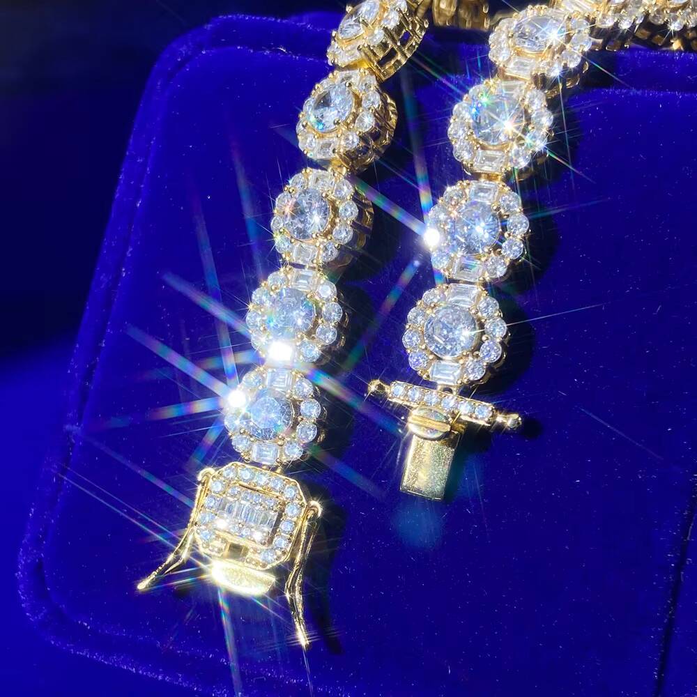 95mm Button Rock Sugar Micro Inset Cubic Zircon Round Gold Plated 14K Iced Sugar 925 Silver Hip Hop Cuban Link Chain Bracelets