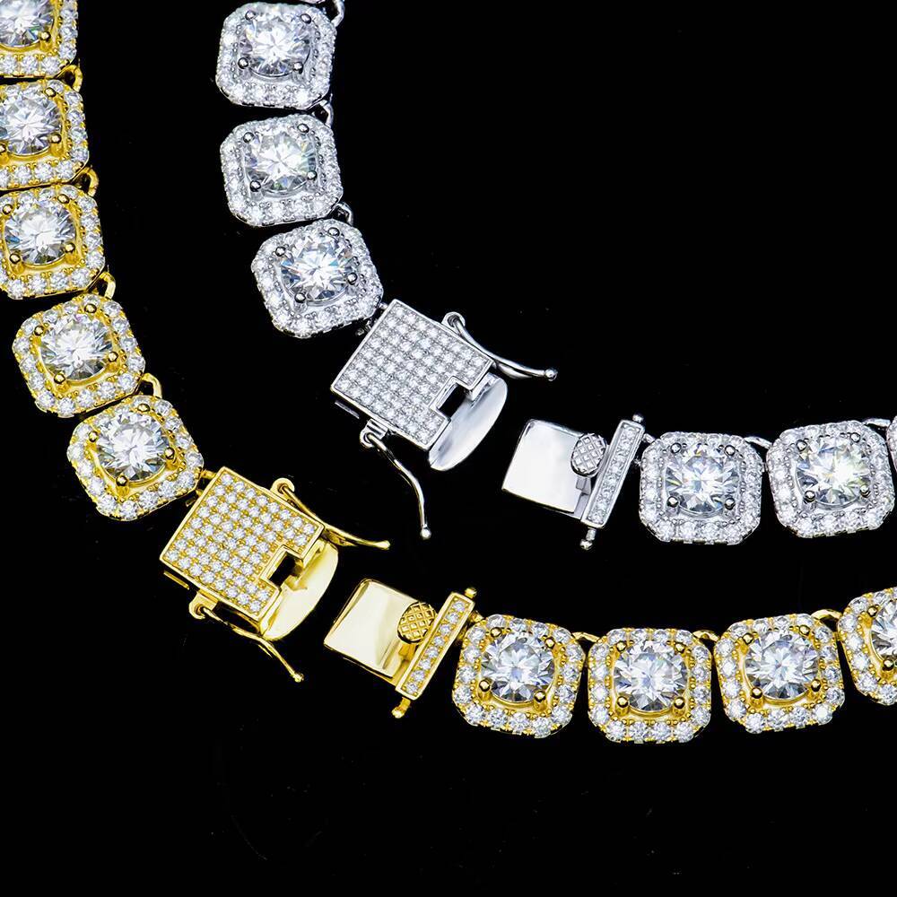 Hip Hop Gold Plated 925 Silver Tennis Chain Bracelet with Moissanite Square Rock Geometric Buckle and Cluster Statement Bangles