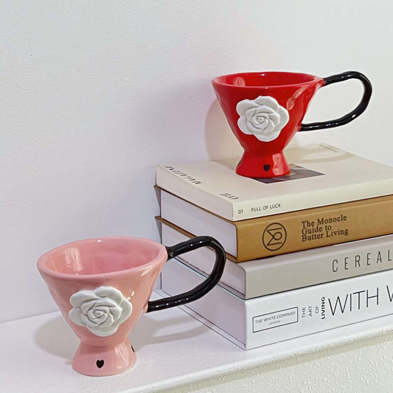Ceramic Mugs Creative Embossed Rose Design Drinking Utensils Ergonomic Handle Coffee Goblet for Family Breakfast Table Home Decoration