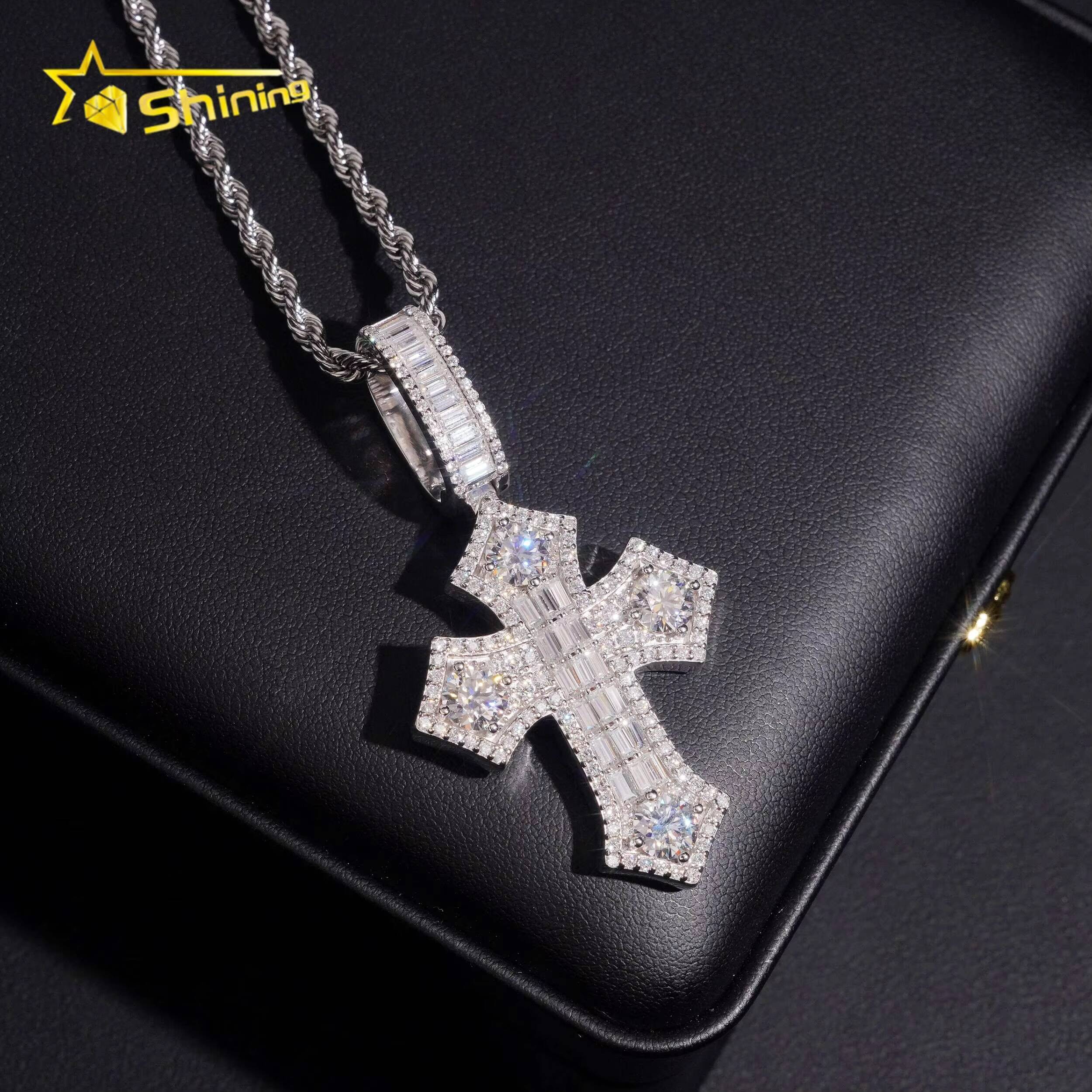 Moissanite Pendant Silver 925 Gold Plated Fine Jewelry Necklace Baguette Moissanite Pass Diamond Test Hip Hop Pendant