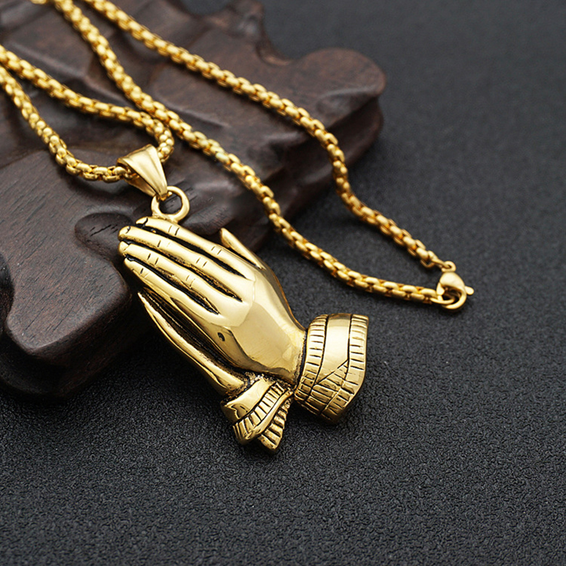 Mens Retro Praying Hands Pendant Necklace 316L Stainless Steel 18k Gold Plated No Fade Religious Jewelry with Chain