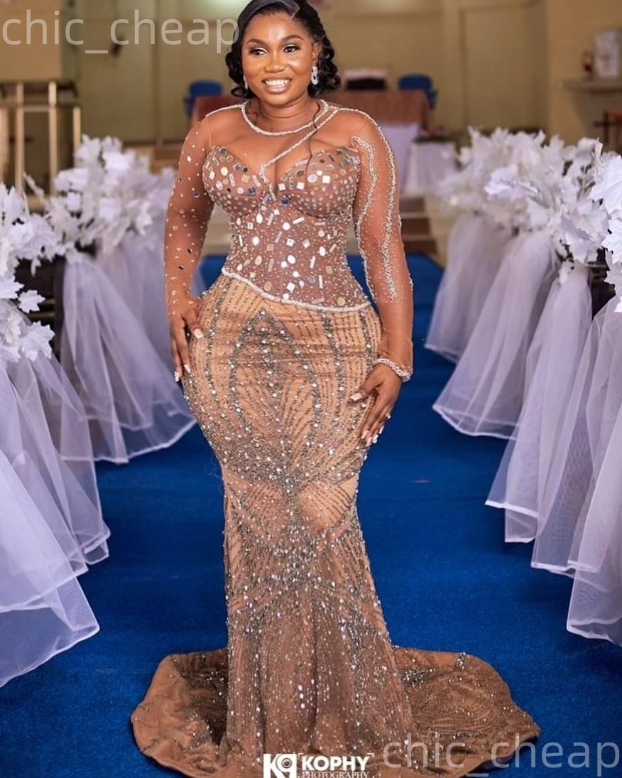 Aso Ebi Nigerian Champagne Mermaid Prom Dresses 2026 Beaded Crystals Illusion Evening Formal Party Second Birthday Engagement Gowns Dress For Special 