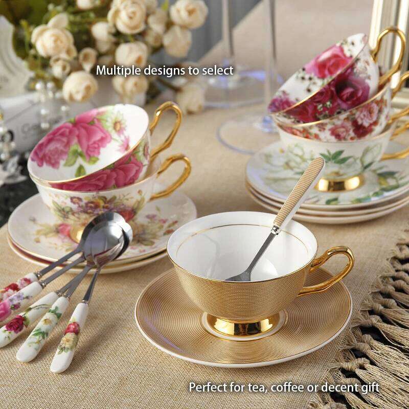 Europe Bone China Coffee Saucer Spoon Set 200ml Luxury Ceramic Mug Top-grade Porcelain Tea Cup Cafe Teaware Party Drinkware