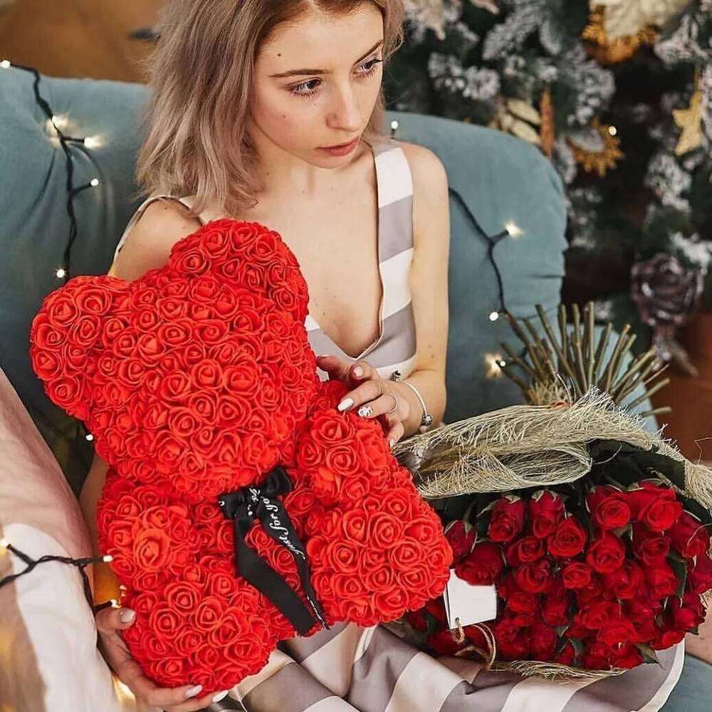Red 40cm Of Roses Artificial Flower Rose Teddy Bear For Women Valentine's Day Wedding Birthday Christmas Gift W260114