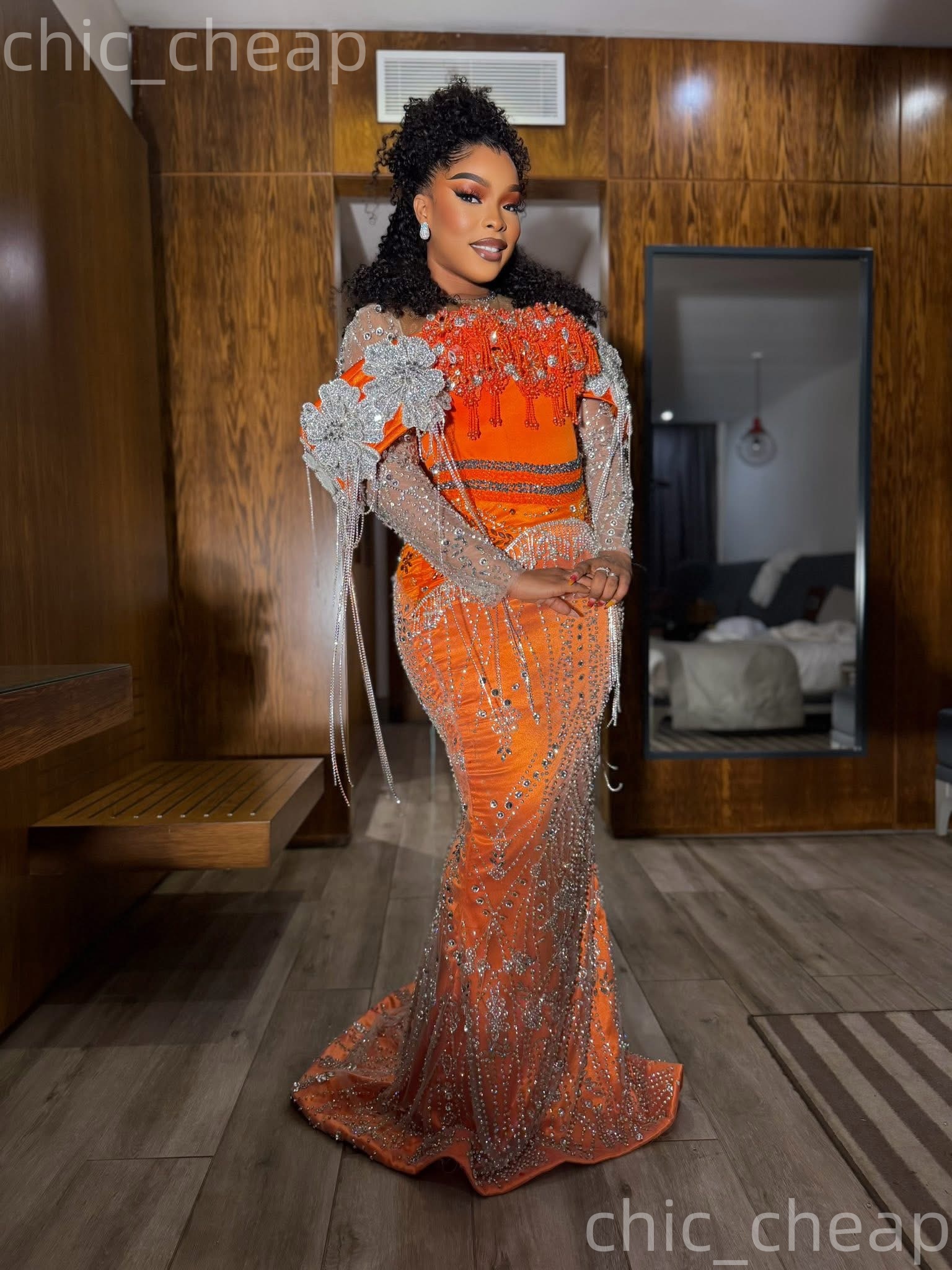 Aso Ebi Orange Mermaid Prom Dresses 2026 Flowers Crystals Tassels Sequined Evening Formal Party Second Birthday Engagement Gowns Dress For Special Occ