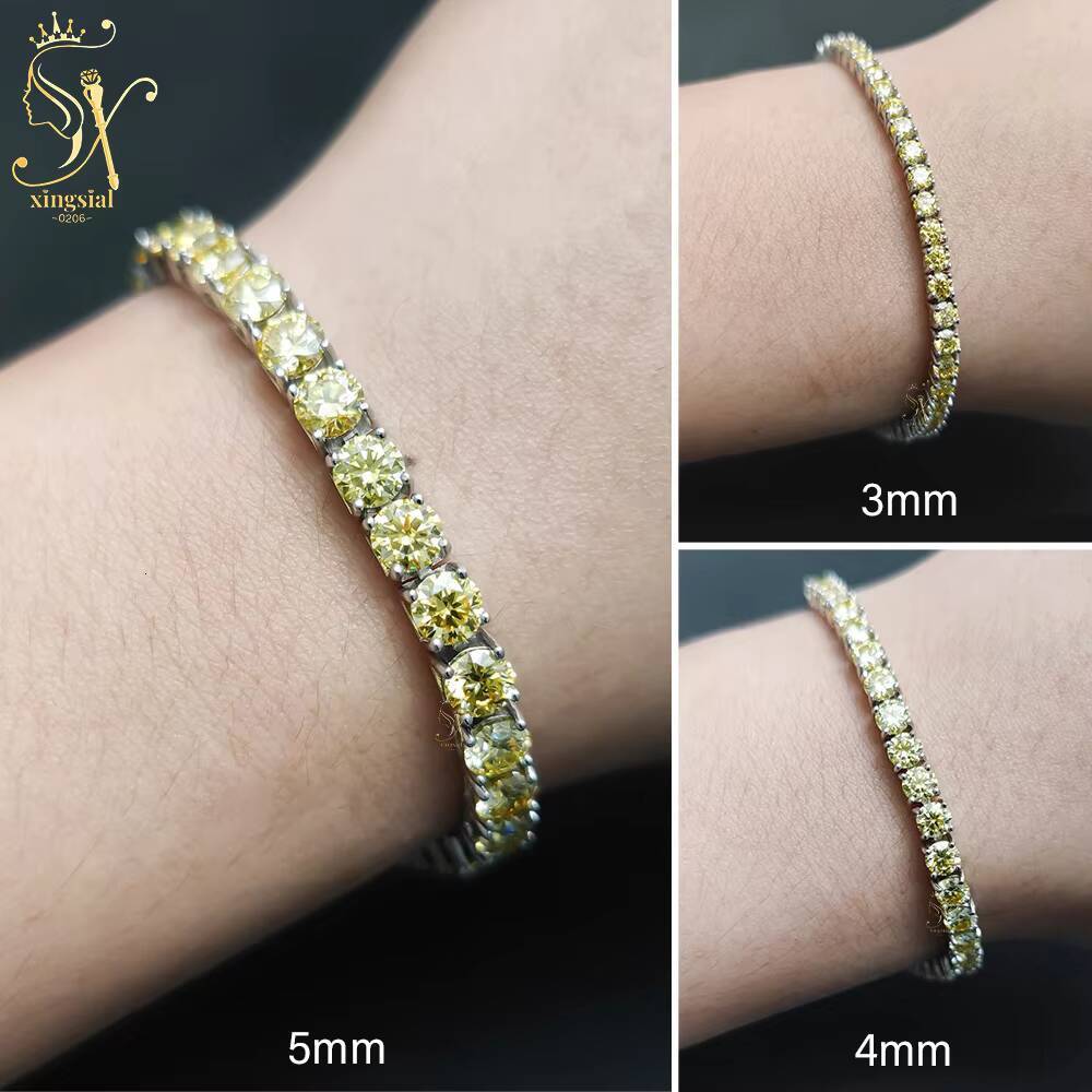 Xingsial Wholesale Hip Hop Jewelry GRA Yellow Color 925 Sterling Silver 3mm 4mm 5mm Vvs Diamond Bracelet Moissanite Tennis Chain
