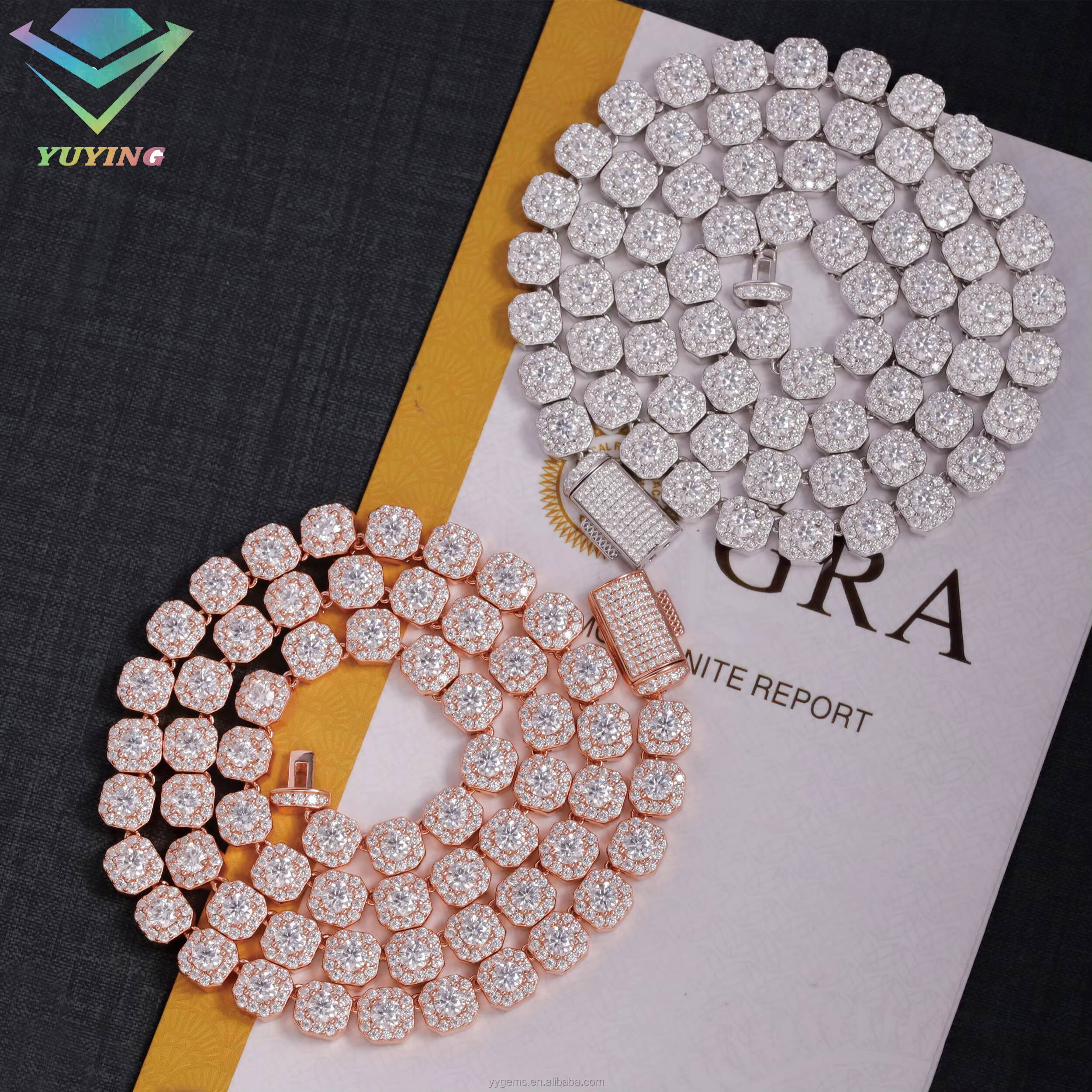 Yu Ying 925 Sterling Silver Mens Hip Hop Cuban Link Chain Necklace 12mm 8mm Moissanite Diamond Iced Pig Nose Style